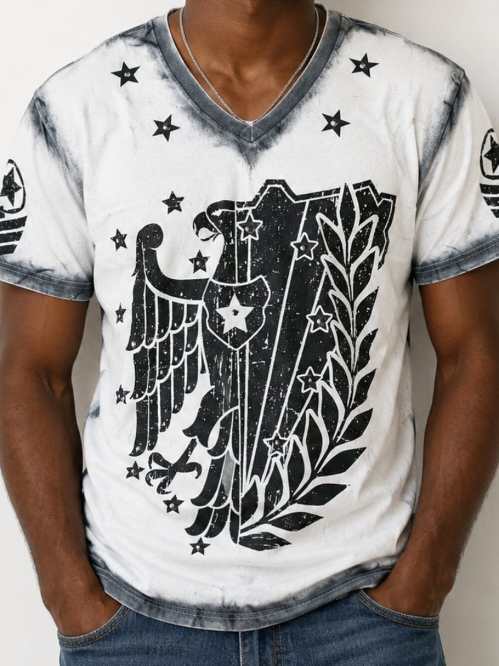Rush Couture Men's V-neck Tee Shirt White Black Studded Size Large Graphic Y2K